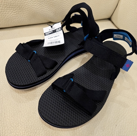 Columbia ALAVA  Black Blue Sandals Shoes  Flats Velcro Ajust Size 10 Insole 11" - Picture 2 of 8